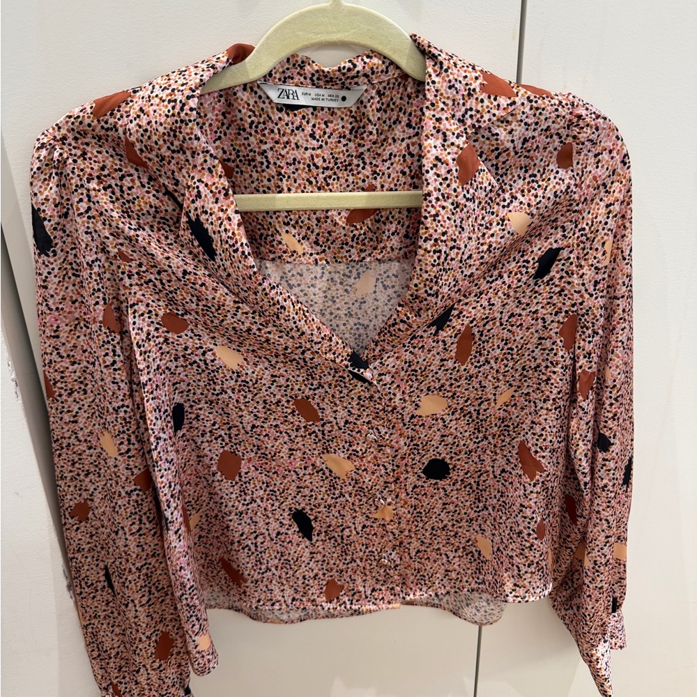 Cropped Zara Pink Printed Long-Sleeve Blouse